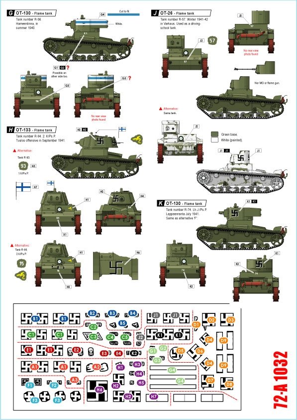 Star Decals 72-A1032 Finnish Tanks in WW2 # 4. T-26 m/1931 Twin Turret, T-26 m/1939, OT- 26, OT-130 and OT-133 Flame tanks. 1/72 – immagine 2