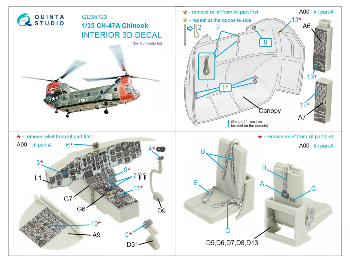 Quinta Studio QD35123 CH-47A 3D-Printed coloured Interior on decal paper (Trumpeter) 1/35 – immagine 2