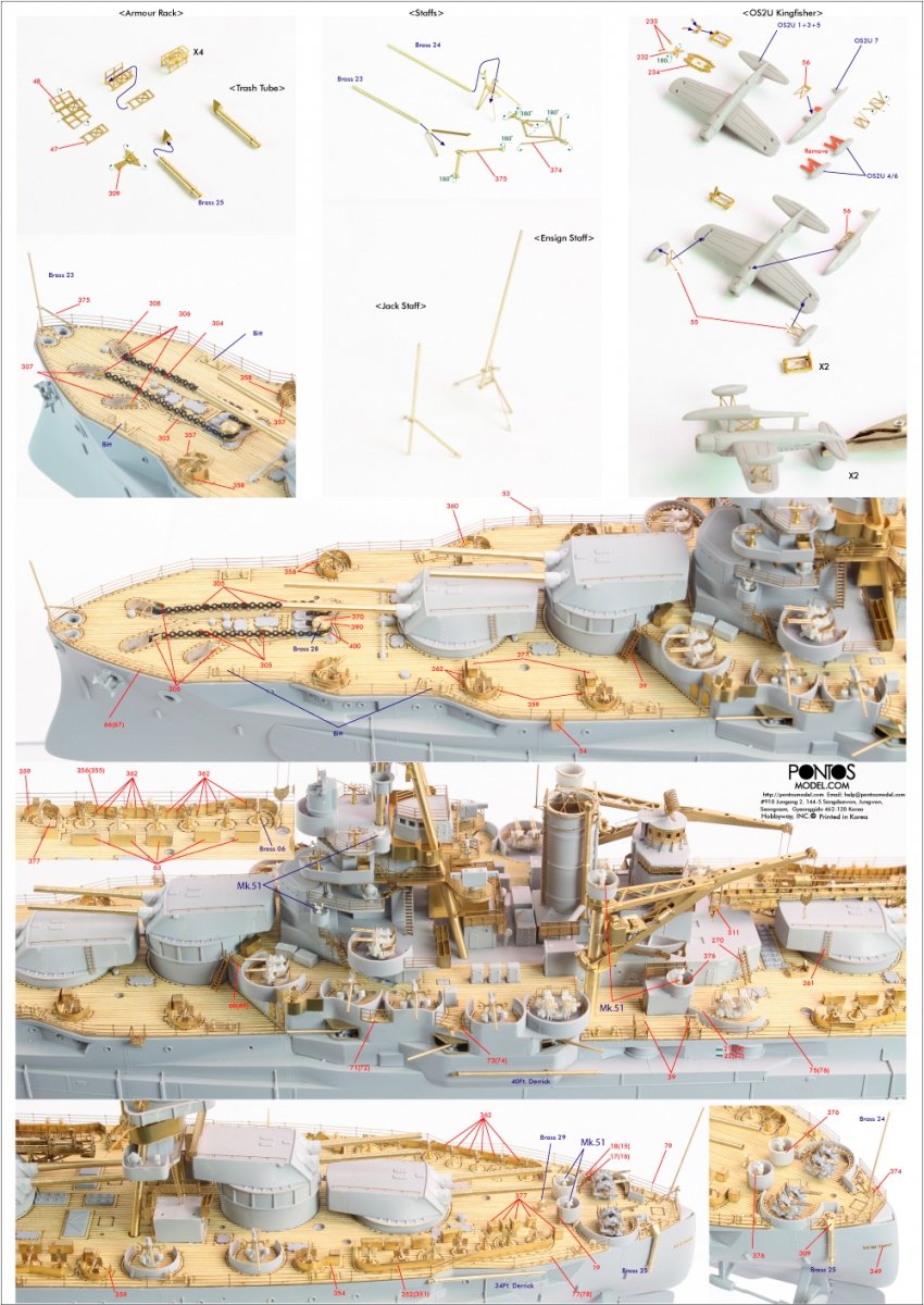 Pontos 35023FB USS BB-34 New York 1944 Kit de détails (avec pont bleu teck, canons, résine, photodécoupe) – image 5