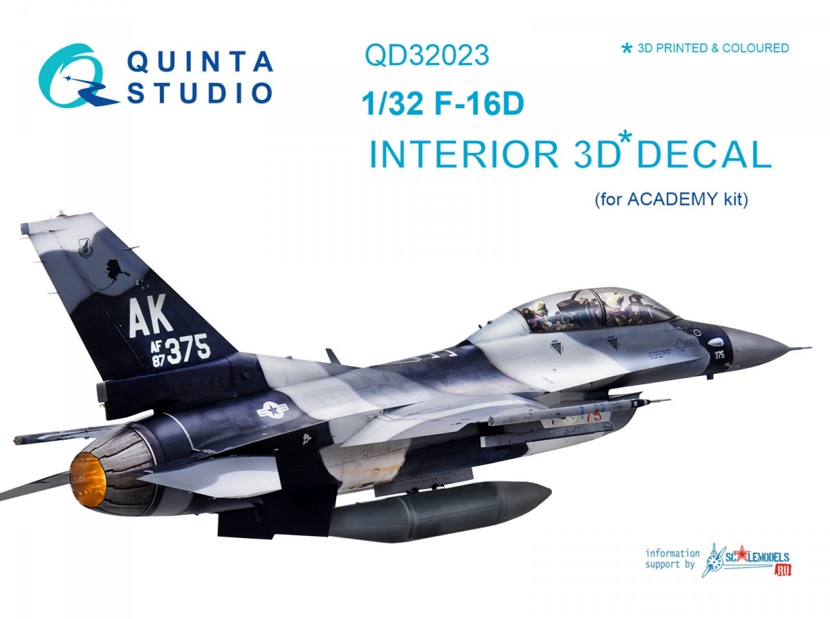Quinta Studio QD32023 F-16D 3D-Printed &amp; colored Interior on decal paper (for Academy kit) 1/32