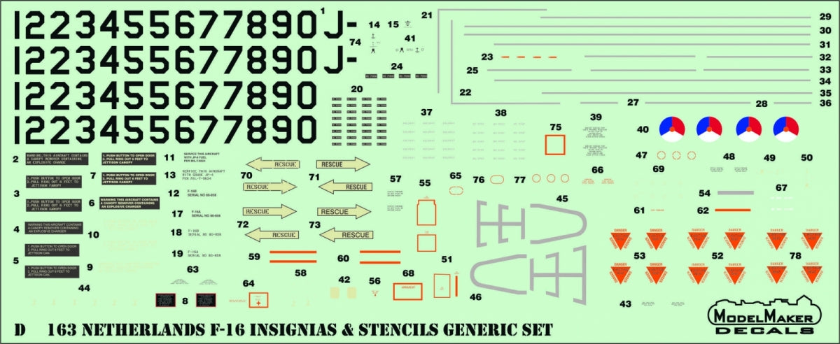 ModelMaker Decals D48163 Netherlands F-16 Insignia&amp;#39;s &amp;amp; stencils Generic set 1/48 – imagen 3