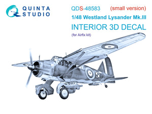 Quinta Studio QDS-48583 Westland Lysander Mk.III 3D-Printed &amp;amp; coloured Interior on decal paper (Airfix) (small version) 1/48