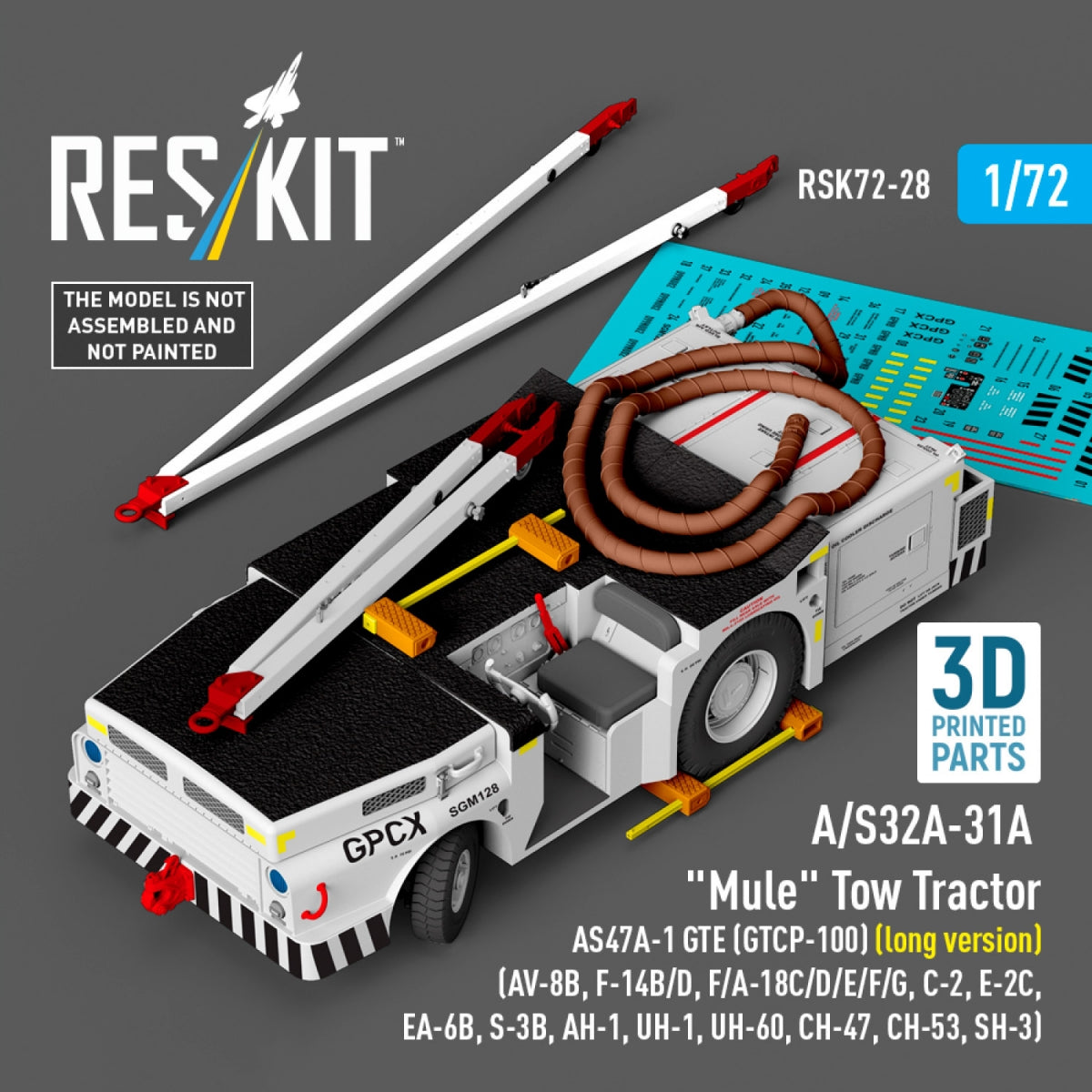 RESKIT RSK72-0028 A/S32A-31A "Mule" Tow Tractor AS47A-1 GTE (GTCP-100) (long version) (AV-8B, F-14B/D, F/A-18C/D/E/F/G, C-2, E-2С, EA-6B, S-3B, AH-1, UH-1, UH-60, CH-47, CH-53, SH-3) (3D Printed model kit) 1/72