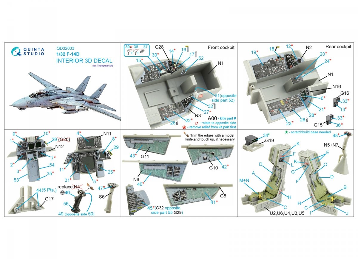 Quinta Studio QD32033 F-14D 3D-Printed &amp;amp; coloured Interior on decal paper ( Trumpeter ) 1/32 – immagine 2