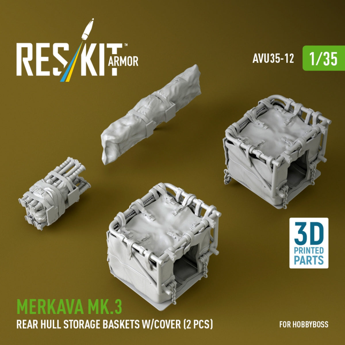 RESKIT AVU35-0012 Merkava Mk.3 rear hull storage baskets w/cover (2 pcs) for HobbyBoss kit (3D Printed) 1/35