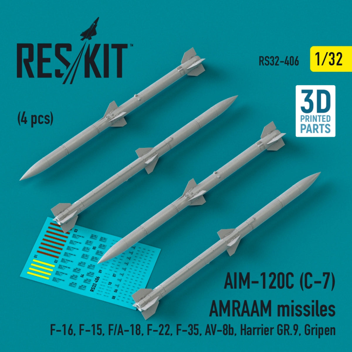 RESKIT RS32-0406 Missiles AIM-120C (C-7) AMRAAM (4 pièces) (Impression 3D) 1/32