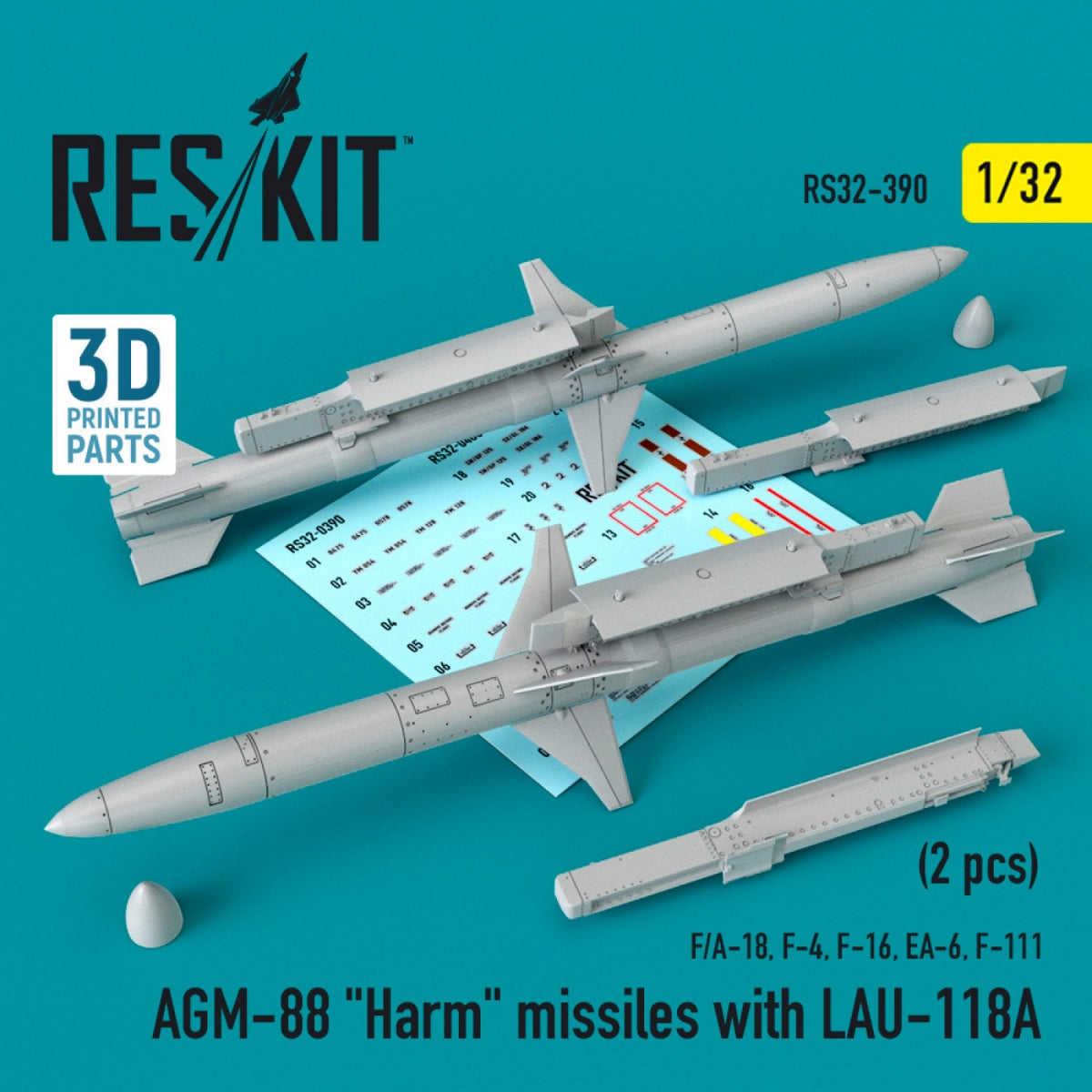 RESKIT RS32-0390 AGM-88 &amp;quot;HARM&amp;quot; MISSILES WITH LAU-118A (2 PCS) (F/A-18, F-4, F-16, EA-6, F-111) 1/32