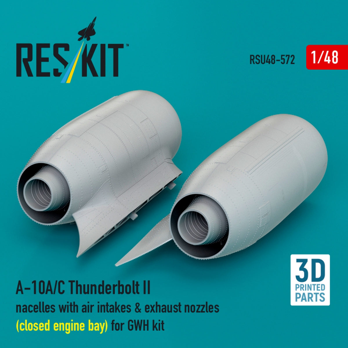 RESKIT RSU48-0572 A-10A/C Thunderbolt II nacelles with air intakes &amp; exhaust nozzles (close engine bay) for GWH kit (3D Printed) 1/48