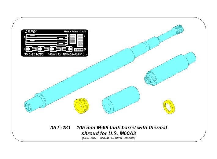 Aber 35L-281 105 mm M-68 barrel with thermal shroud for M60A3 Tank (Dragon, Takom, Tamiya) 1/35