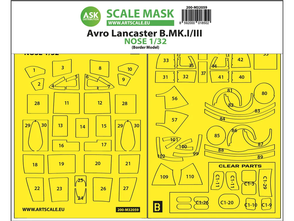 Art Scale Kit M32059 Avro Lancaster Nose Kit Express Self Adhesive Masks for Border Model 1/32