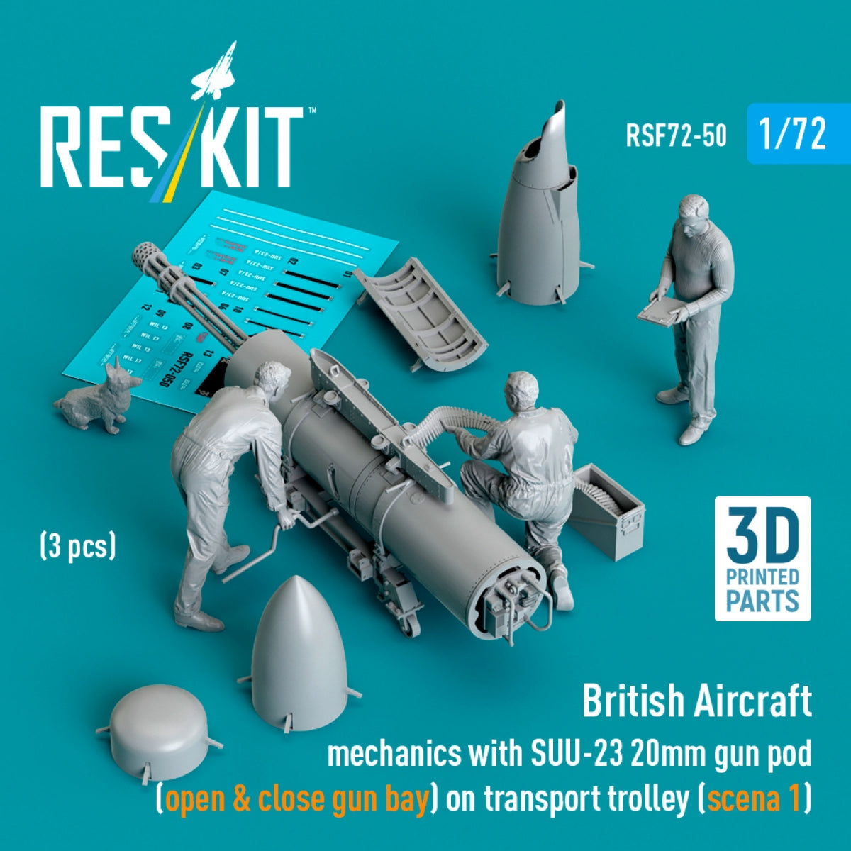 RESKIT RSF72-0050 British Aircraft mechanics with SUU-23 20mm gun pod (open & close gun bay) on transport trolley (scene 1) (3 pcs) (3D Printed) 1/72