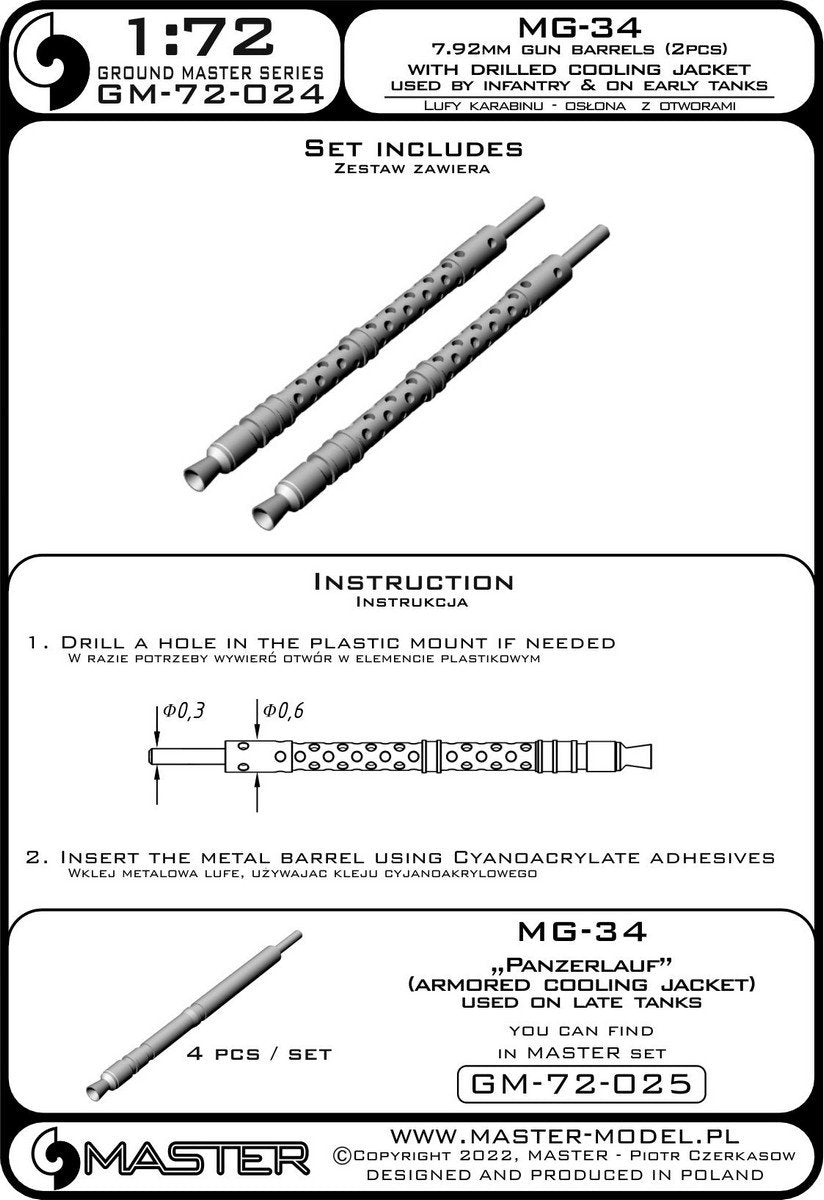 Master GM-72-024 MG-34 (7.92mm) - German machine gun barrels - version with drilled cooling jacket - used by infantry and on early tanks (2pcs) 1/72 – Bild 6