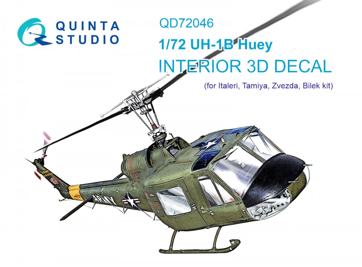 Intérieur imprimé en 3D et coloré sur papier décalcomanie Quinta Studio QD72046 Uh-1B (Italeri) 1/72 