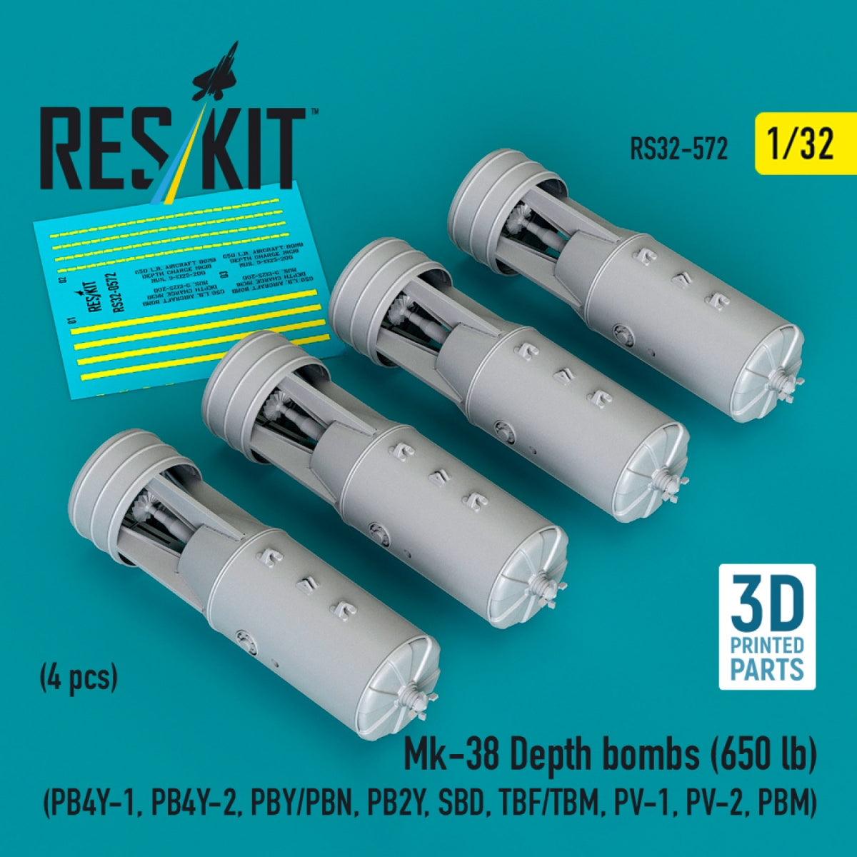 RESKIT RS32-0572 Mk-38 Depth bombs (650 lb) (4 pcs) (PB4Y-1, PB4Y-2, PBY/PBN, PB2Y, SBD, TBF/TBM, PV-1, PV-2, PBM) (3D Printed) 1/32