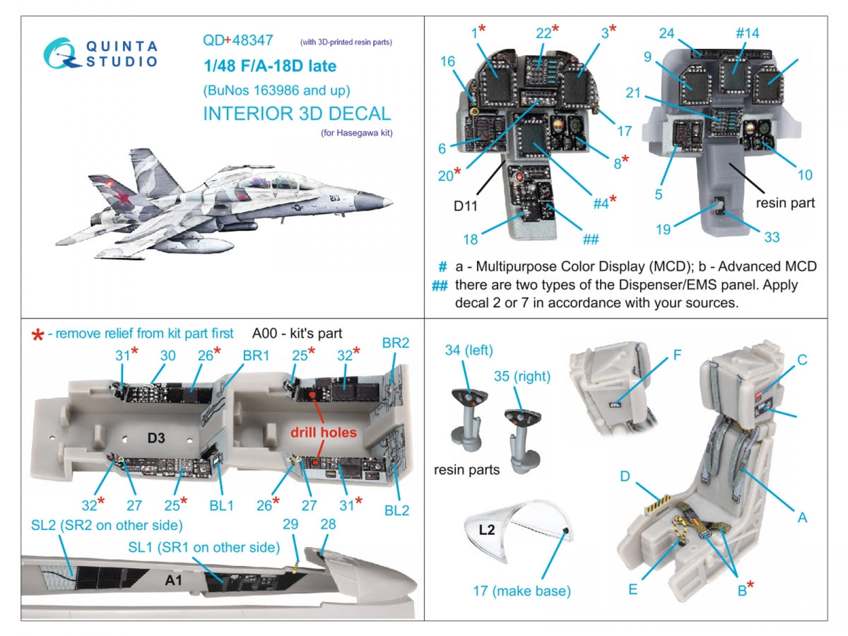 Quinta Studio QD+48347 FA-18D late 3D-Printed coloured Interior on decal paper (Hasegawa) (with 3D-printed resin parts) 1/48 – imagen 2