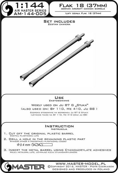 Master AM-144-005 German aircraft cannon 3,7cm Flak 18 gun barrels (used on Junkers Ju 87G and other) (2pcs) 1/144 – immagine 3