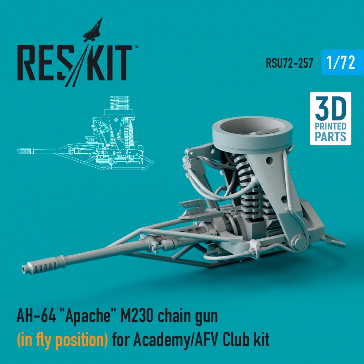 RESKIT RSU72-0257 AH-64 « APACHE » M230 MAILLE TRONÇONNEUSE (EN POSITION DE VOL) ​​POUR MAQUETTE ACADEMY / AFV CLUB (IMPRIMÉE EN 3D) 1/72