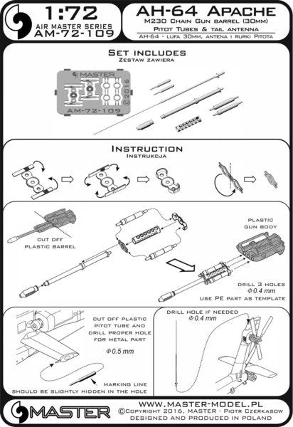 Master AM-72-109 AH-64 Apache - M230 Chain Gun barrel (30mm), Pitot tubes and tail antenna (resin, PE and turned parts) 1/72 – Bild 6