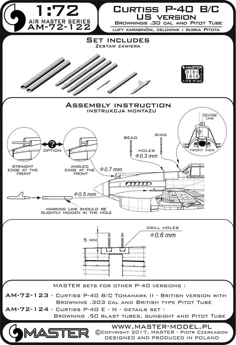 Master AM-72-122 Curtiss P-40 B/C - Version américaine - Canons de fusil Browning de calibre .30 et tubes Pitot version américaine (1/72) – image 4