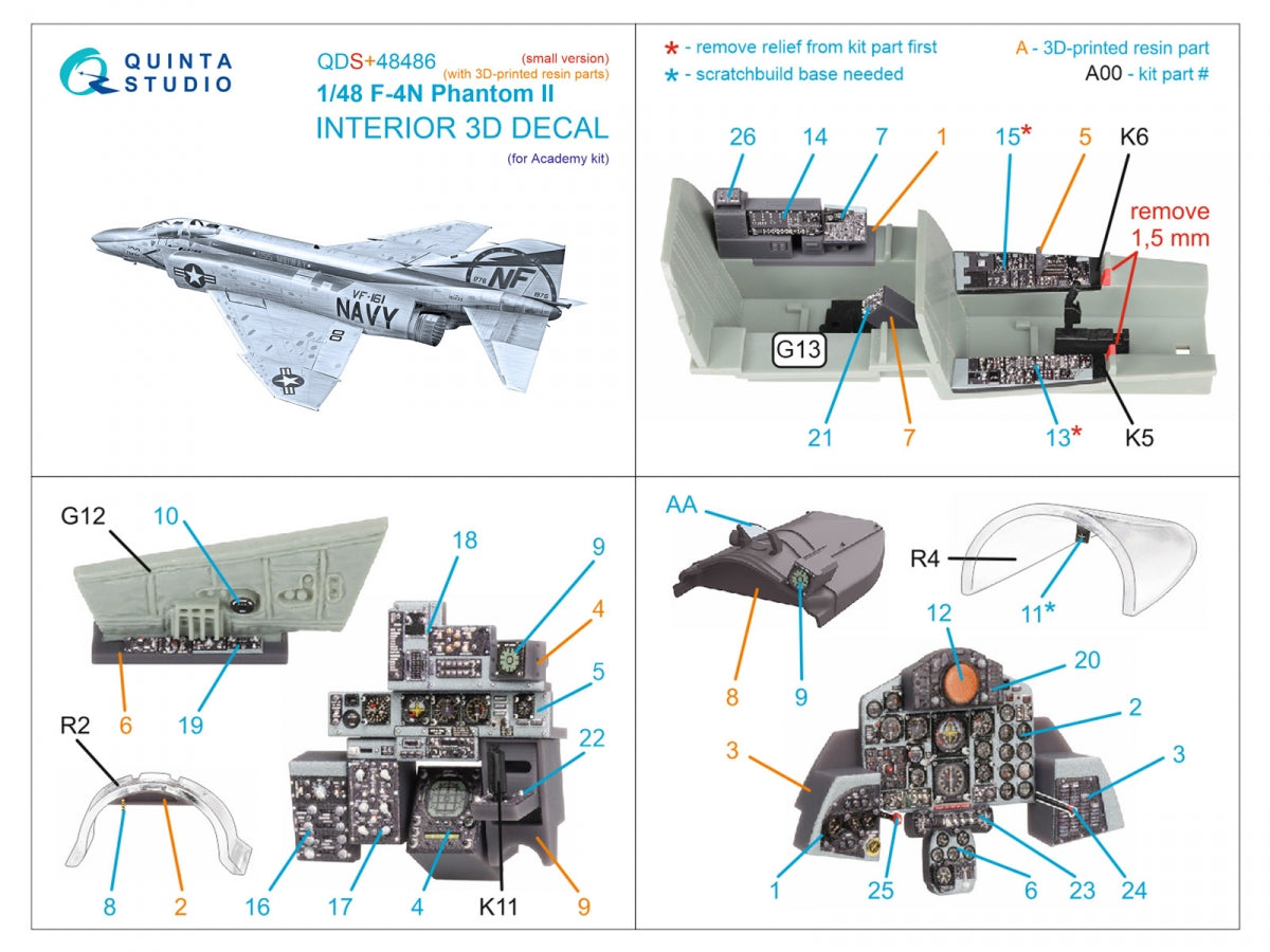 Quinta Studio QDS+48486 F-4N Phantom II 3D-Printed &amp;amp; coloured Interior on decal paper (Academy) (Small version) (with 3D-printed resin parts) 1/48 – immagine 3