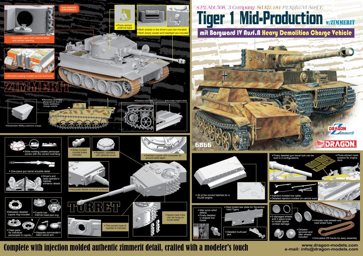 Dragon 6866 Tiger I Mid-Production avec Zimmerit mit Borgward IV Ausf.A Véhicule à charge de démolition lourde 1/35