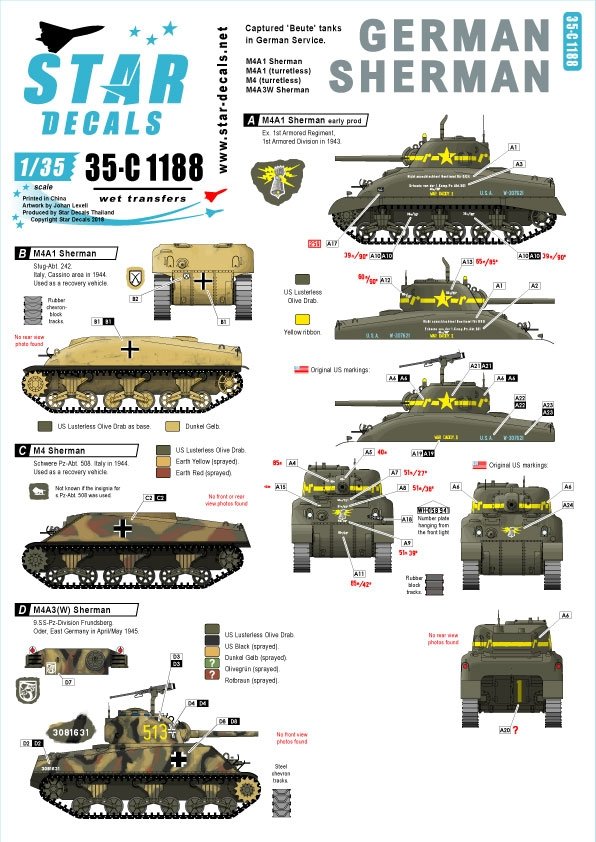 Décalcomanies Star Decals 35-C1188 Sherman allemand 1/35