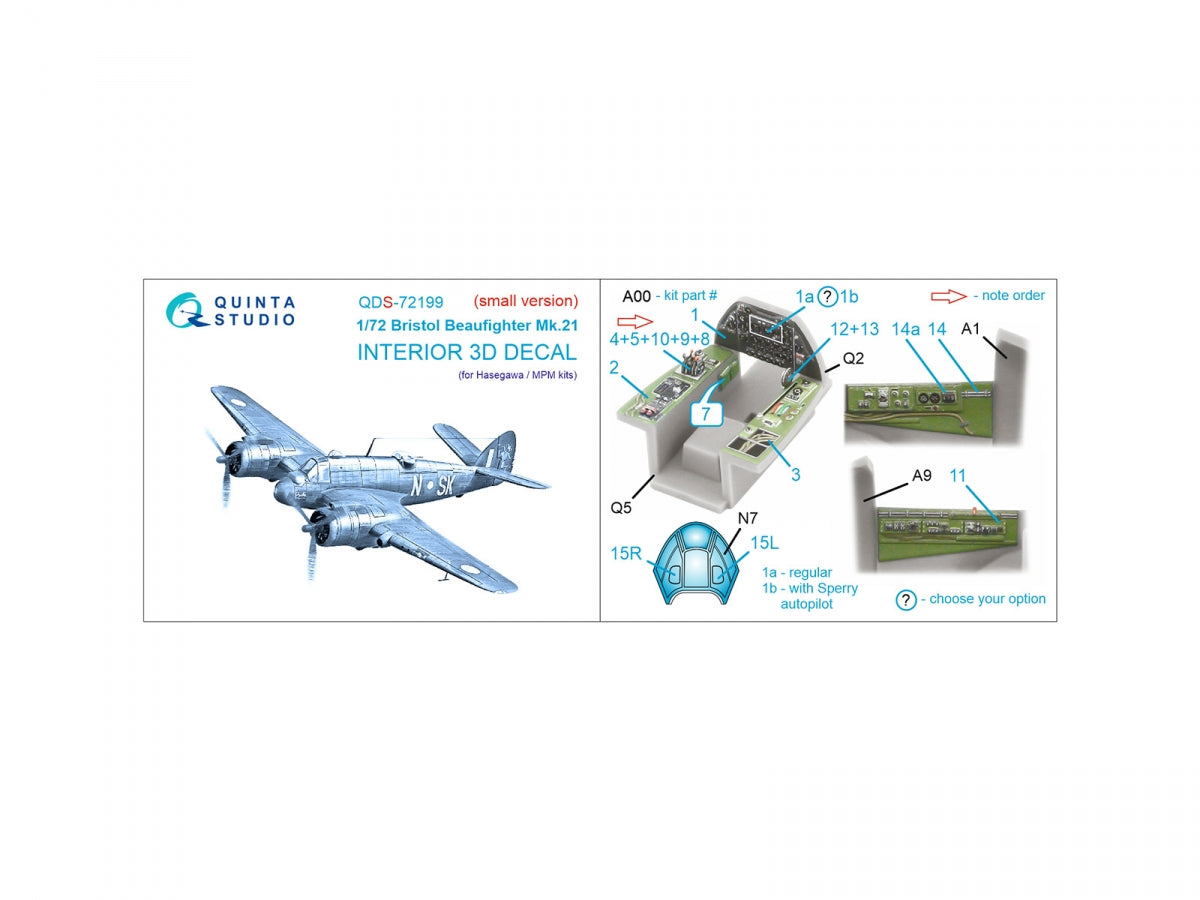 Quinta Studio QDS-72199 Bristol Beaufighter Mk.21 3D-Printed &amp;amp; coloured Interior on decal paper (Hasegawa/MPM) (small version) 1/72 – immagine 2