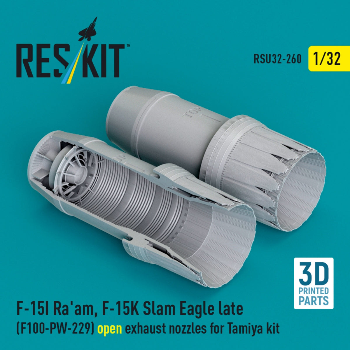 RESKIT RSU32-0260 F‑15I Ra'am, F‑15K Slam Eagle late (F100-PW-229) open exhaust nozzles for Tamiya kit (3D Printed) 1/32