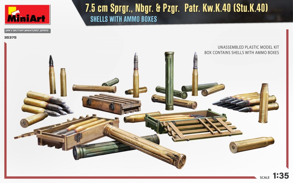 MiniArt 35375 7.5 cm Sprgr., Nbgr. &amp;amp; Pzgr. Patr. Kw.K.40 (Stu.K.40) SHELLS WITH AMMO BOXES 1/35 – Bild 2
