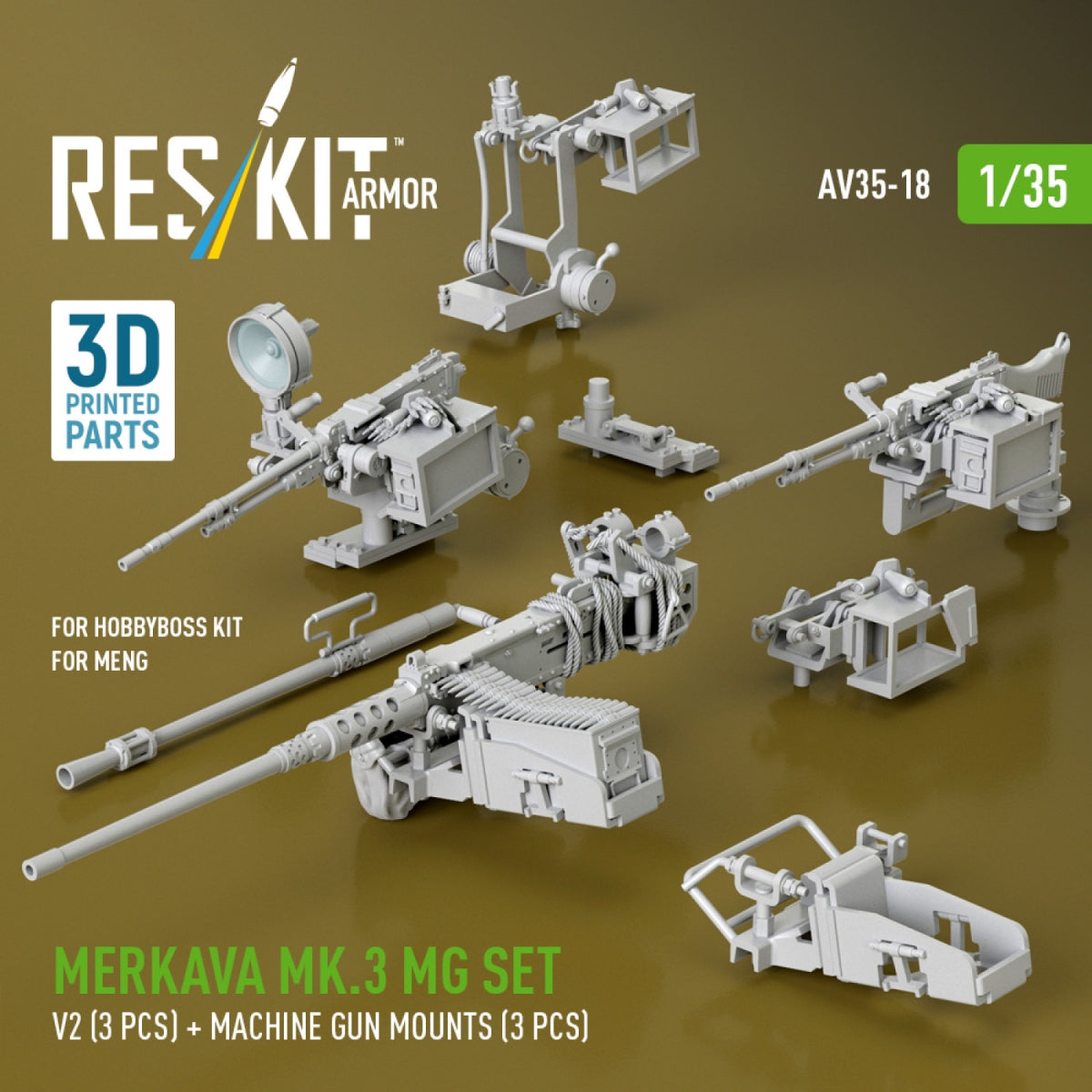 RESKIT AV35-0018 Merkava Mk.3 MG set, V2 (3 pcs) + machine gun mounts (3 pcs) for Meng/HobbyBoss kit (3D Printed) 1/35
