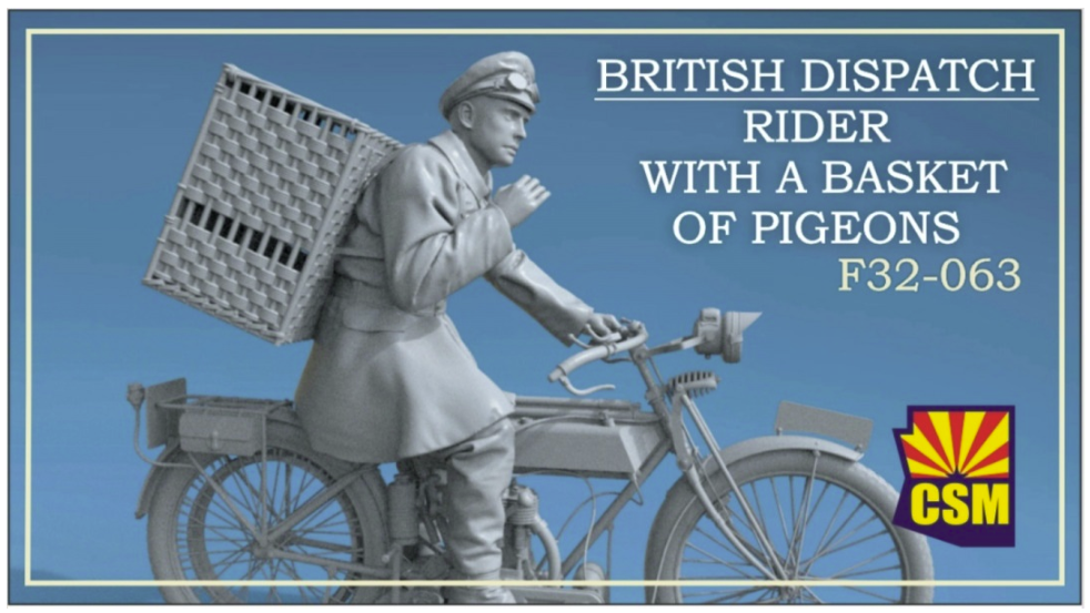 Copper State Models F32-063 British Dispatch Rider with a basket of pigeons (Motorcycle not included) 1/32