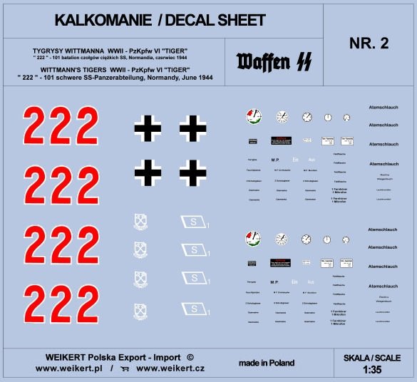Weikert Decals DEC202 TIGER I - czołg 222 - 101 batalion czołgów ciężkich SS, Normandia, czerwiec 1944 - vol.2 1/35