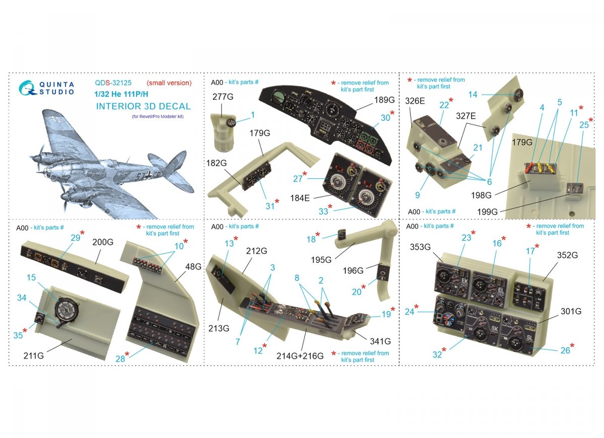 Quinta Studio QDS-32125 He 111 P/H 3D-Printed &amp;amp; coloured Interior on decal paper (Revell/ProModeler) (small version) 1/32 – imagen 2