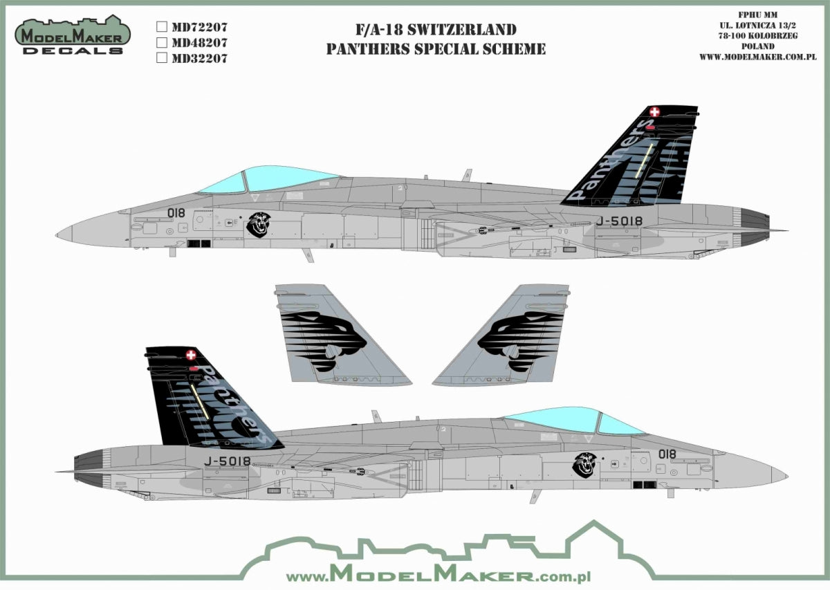 Décalcomanies ModelMaker MD48207 F/A-18 F/A-18 « Panthères suisses » : décoration spéciale - jeu de masques à l'échelle 1/48