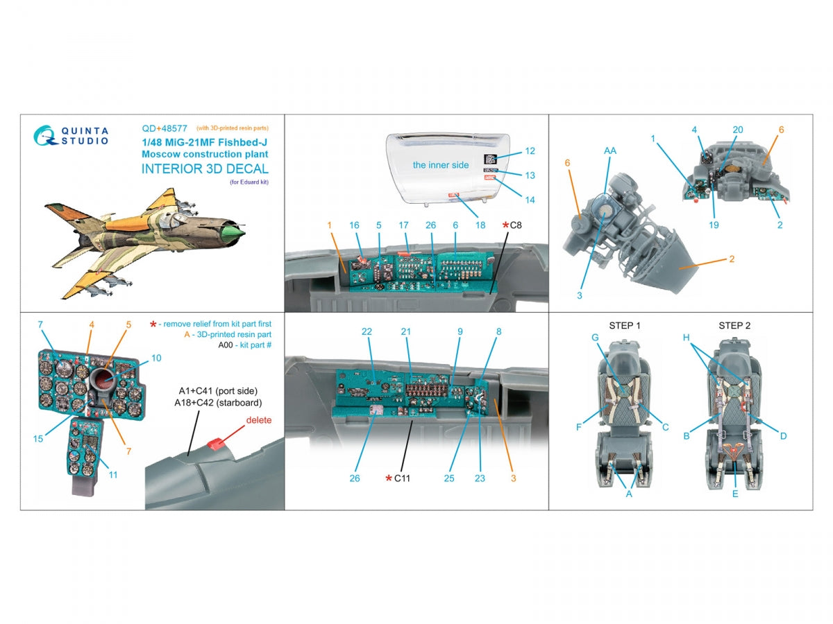 Quinta Studio QD+48577 MiG-21MF Fishbed-J (Moscow plant) 3D-Printed &amp;amp; coloured Interior on decal paper (Eduard) (with 3D-printed resin parts) 1/48 – imagen 2