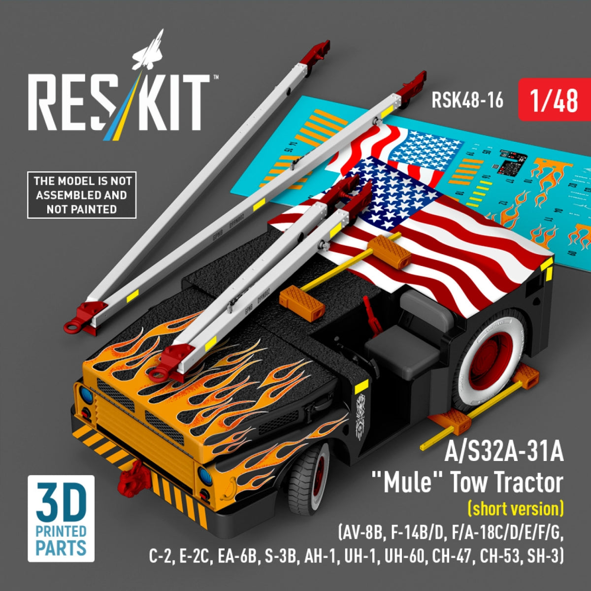 RESKIT RSK48-0016 A/S32A-31A "Mule" Tow Tractor (short version) (AV-8B, F-14B/D, F/A-18C/D/E/F/G, C-2, E-2С, EA-6B, S-3B, AH-1, UH-1, UH-60, CH-47, CH-53, SH-3) (3D Printed model kit) 1/48