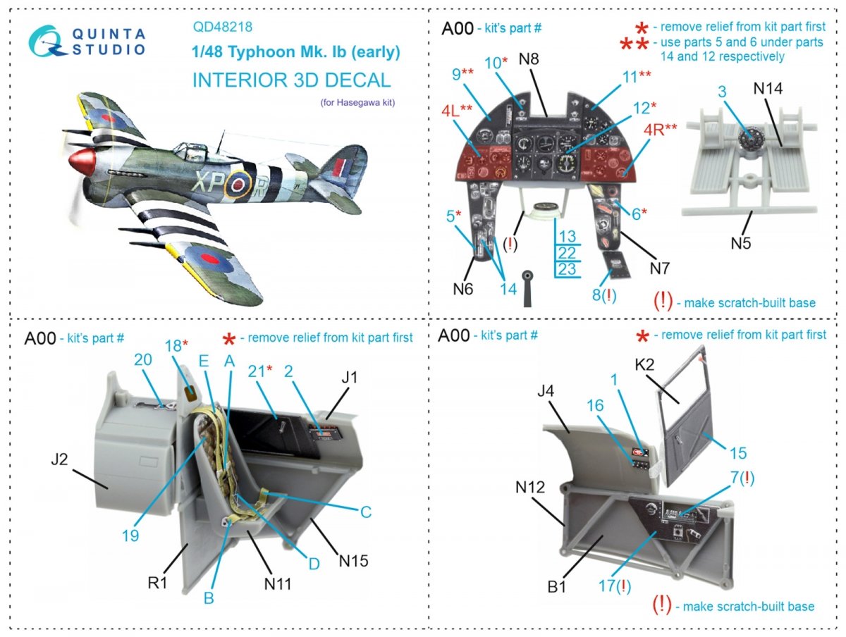 Quinta Studio QD48218 Hawker Typhoon Mk.1b early 3D-Printed &amp;amp; coloured Interior on decal paper ( Hasegawa ) 1/48 – zdjęcie 2