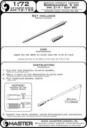 Master AM-72-159 Niemieckie działko lotnicze Bordkanone 5cm (Mk 214 / 5cm BK) - używane na Me 262 A-1a/U4, Me 410 A-1/U4 1/72 – immagine 7