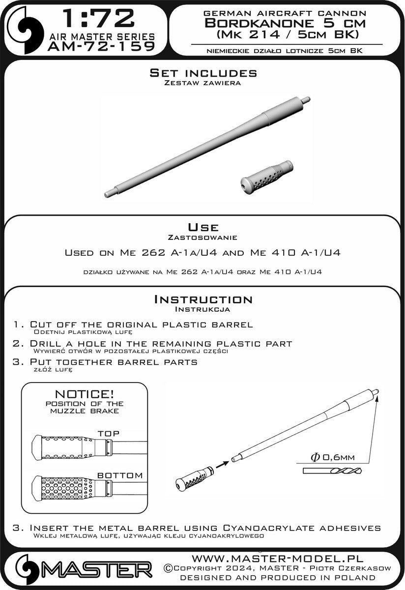 Master AM-72-159 Niemieckie działko lotnicze Bordkanone 5cm (Mk 214 / 5cm BK) - używane na Me 262 A-1a/U4, Me 410 A-1/U4 1/72 – immagine 7