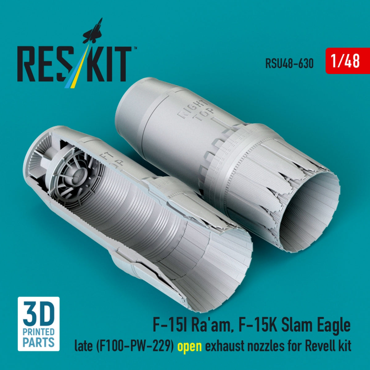 RESKIT RSU48-0630 F‑15I Ra'am, F‑15K Slam Eagle late (F100-PW-229) open exhaust nozzles for Revell kit (3D Printed) 1/48