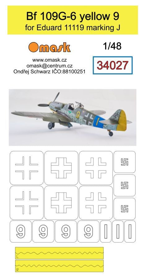 Masque Omask 34027 JBf 109G-6 (jaune 9) pour Eduard 11119 marquage J 1/48