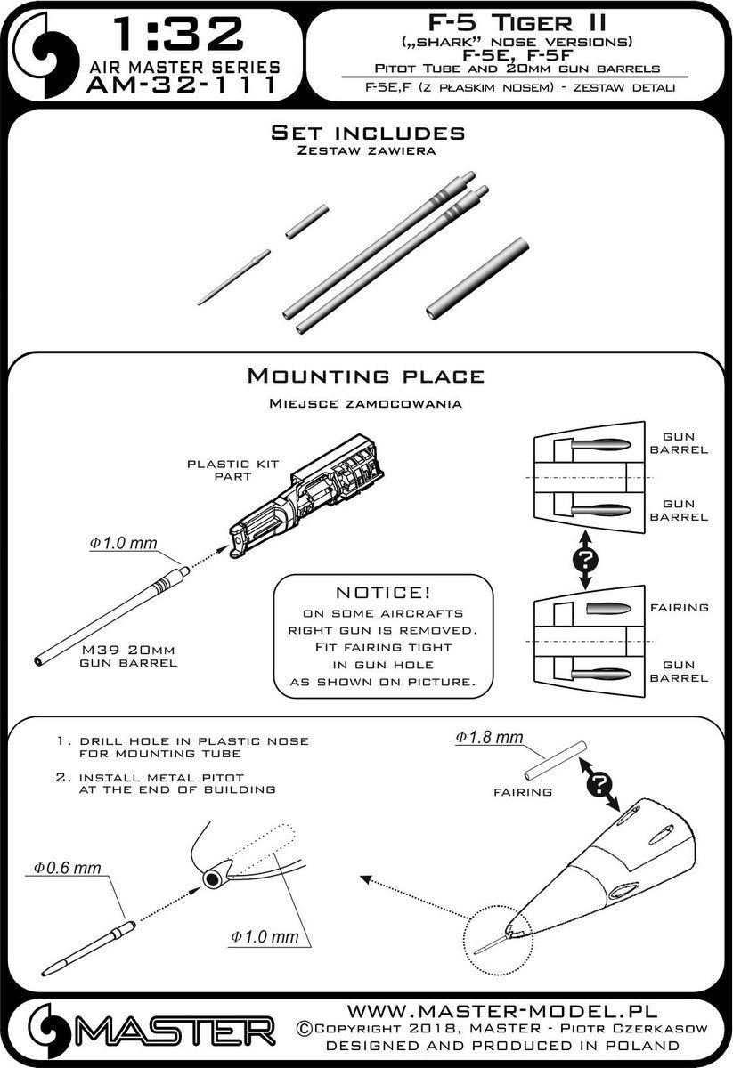 Master AM-32-111 F-5 Tiger II &amp;quot;Freedom Fighter&amp;quot; (flat nose version) - F-5A, E, F - detail set - Pitot tube and 20mm gun barrels 1/32 – image 3