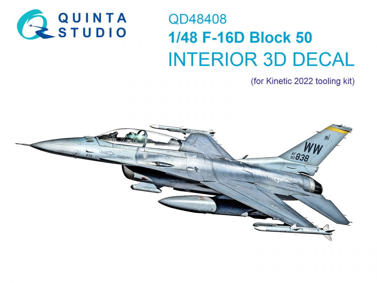 Quinta Studio QD48408 F-16D block 50 3D-Printed &amp;amp; coloured Interior on decal paper (Kinetic 2022 tool) 1/48