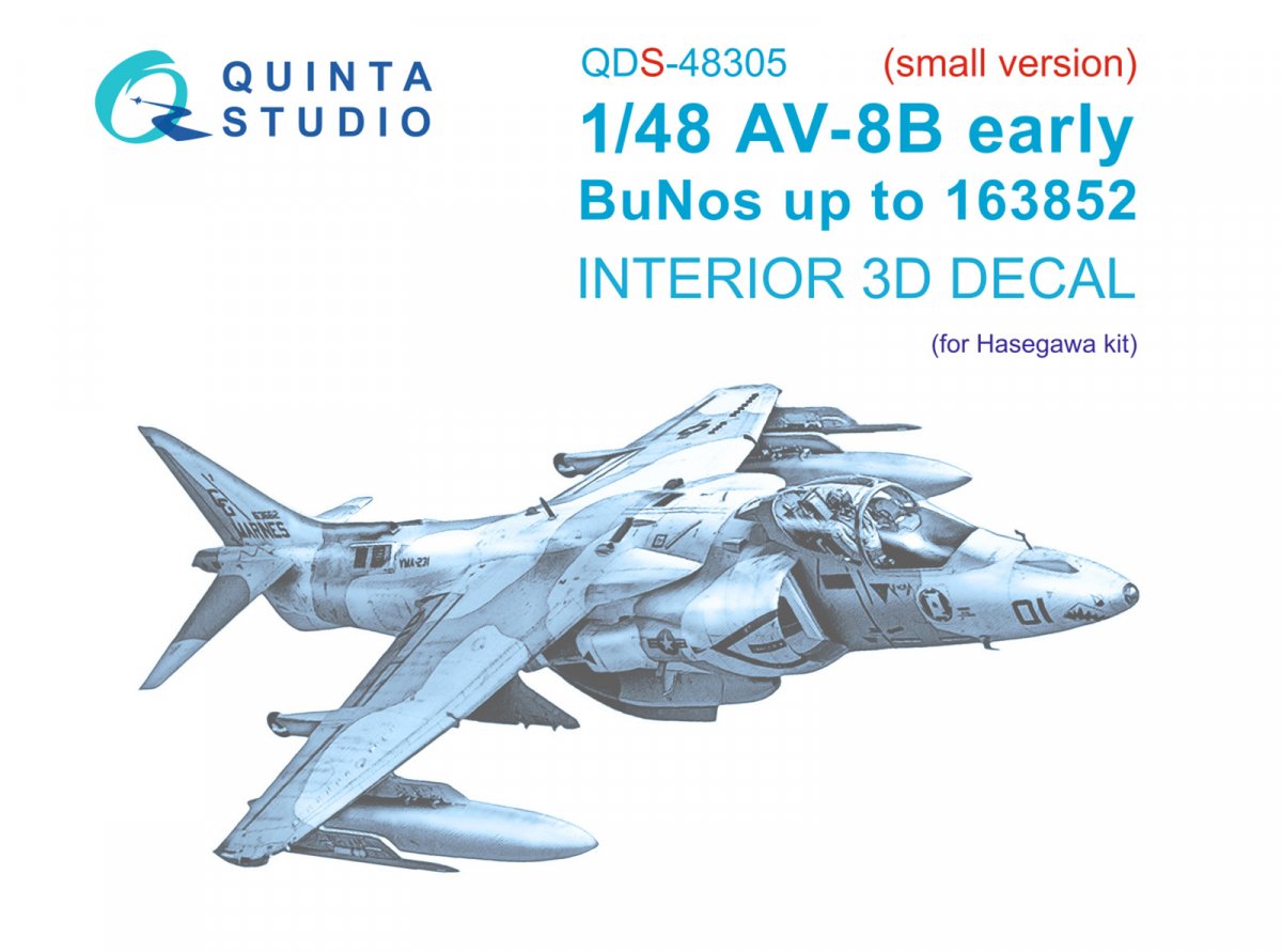 Quinta Studio QDS-48305 AV-8B Early 3D-Printed &amp;amp; coloured Interior on decal paper (Hasegawa) (Small version) 1/48
