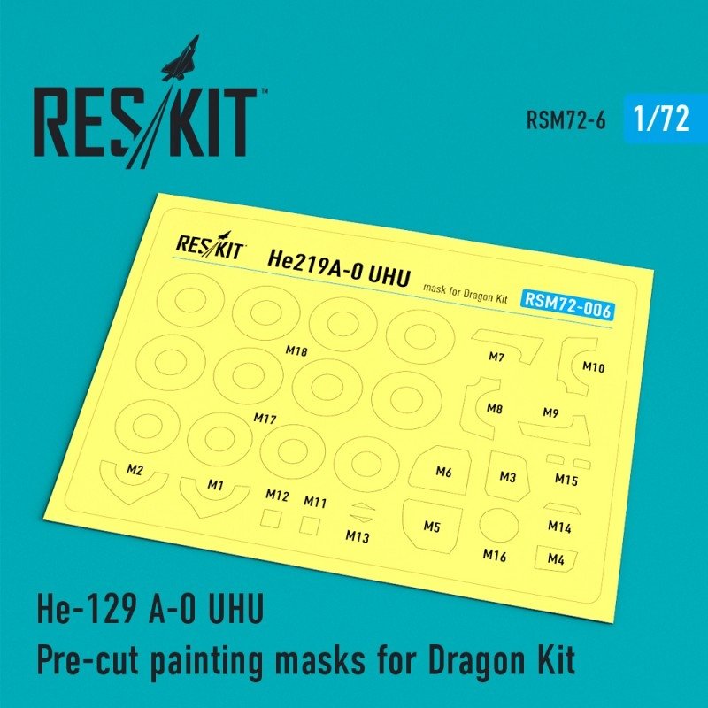 Masques de peinture prédécoupés RESKIT RSM72-0006 He-129 A-0 UHU pour maquette Dragon au 1/72