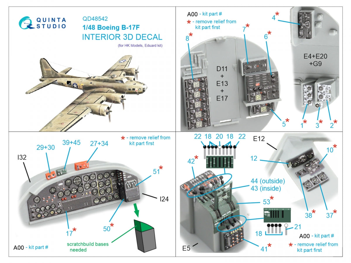 Quinta Studio QD48542 Boeing B-17F 3D-Printed &amp;amp; coloured Interior on decal paper (HK models, Eduard) 1/48 – zdjęcie 2