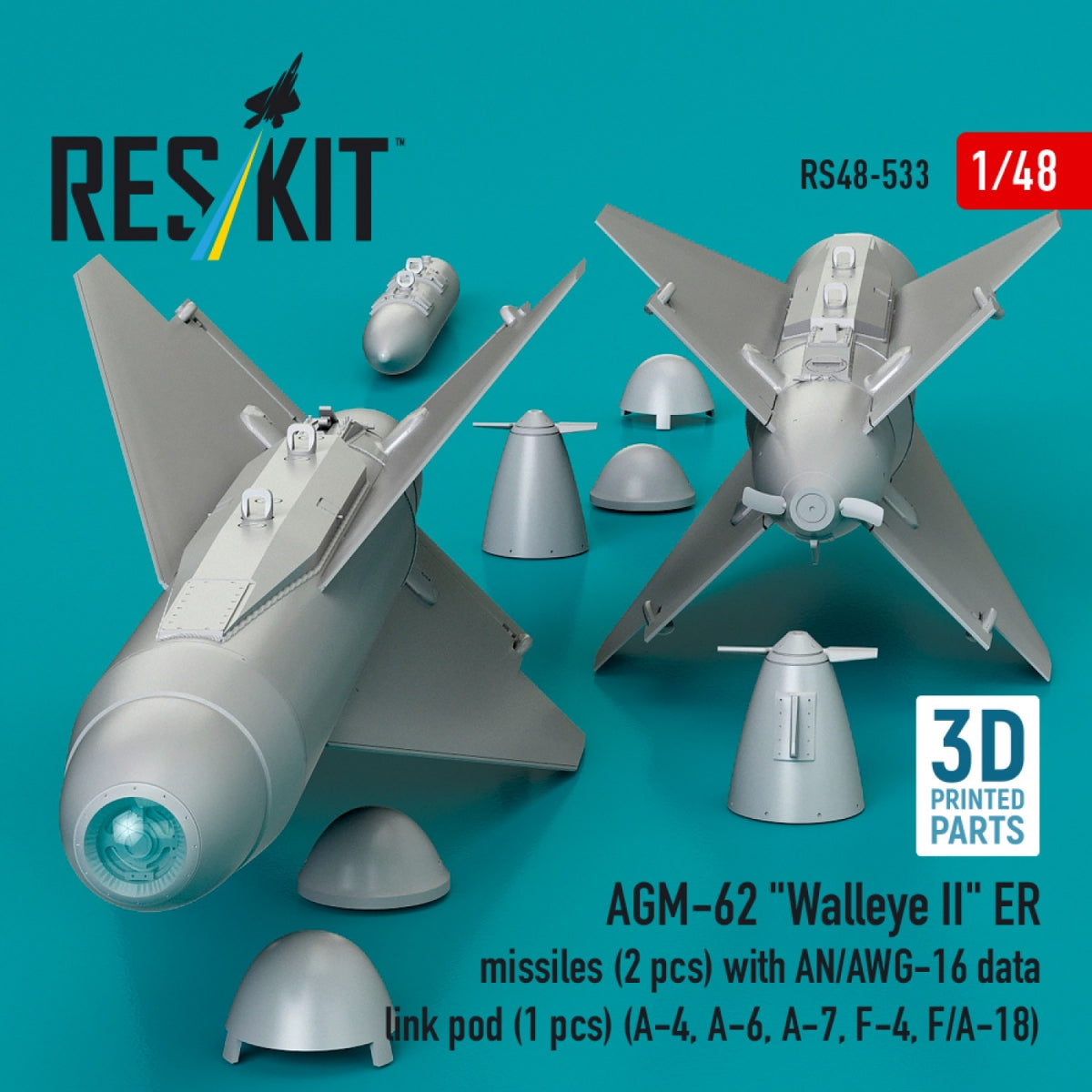RESKIT RS48-0533 AGM-62 "Walleye II" ER missiles (2 pcs) with AN/AWG-16 data link pod (1 pcs) (A-4, A-6, A-7, F-4, F/A-18) (3D Printed) 1/48