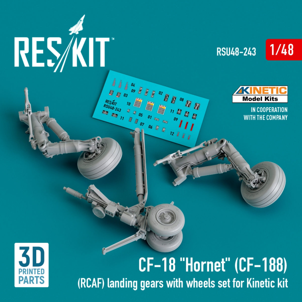 RESKIT RSU48-0243 CF-18 &amp;quot;Hornet&amp;quot; (CF-188) (RCAF) landing gears with wheels set for Kinetic kit (3D Printed) 1/48