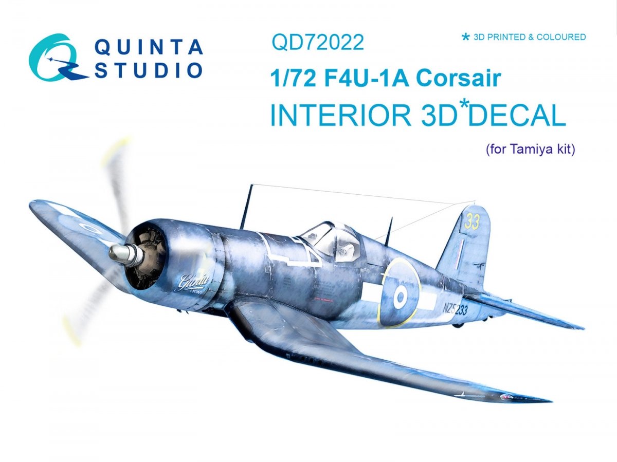 Quinta Studio QD72022 F4U-1A Corsair 3D-Printed &amp; colored Interior on decal paper (for Tamiya kit) 1/72
