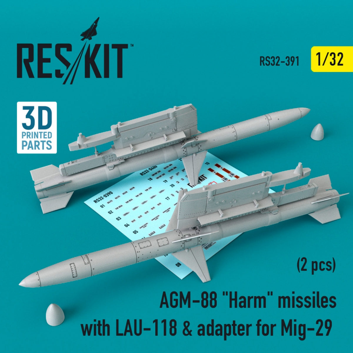 RESKIT RS32-0391 AGM-88 "HARM" MISSILES WITH LAU-118 & ADAPTER FOR MIG-29 (2 PCS) 1/32